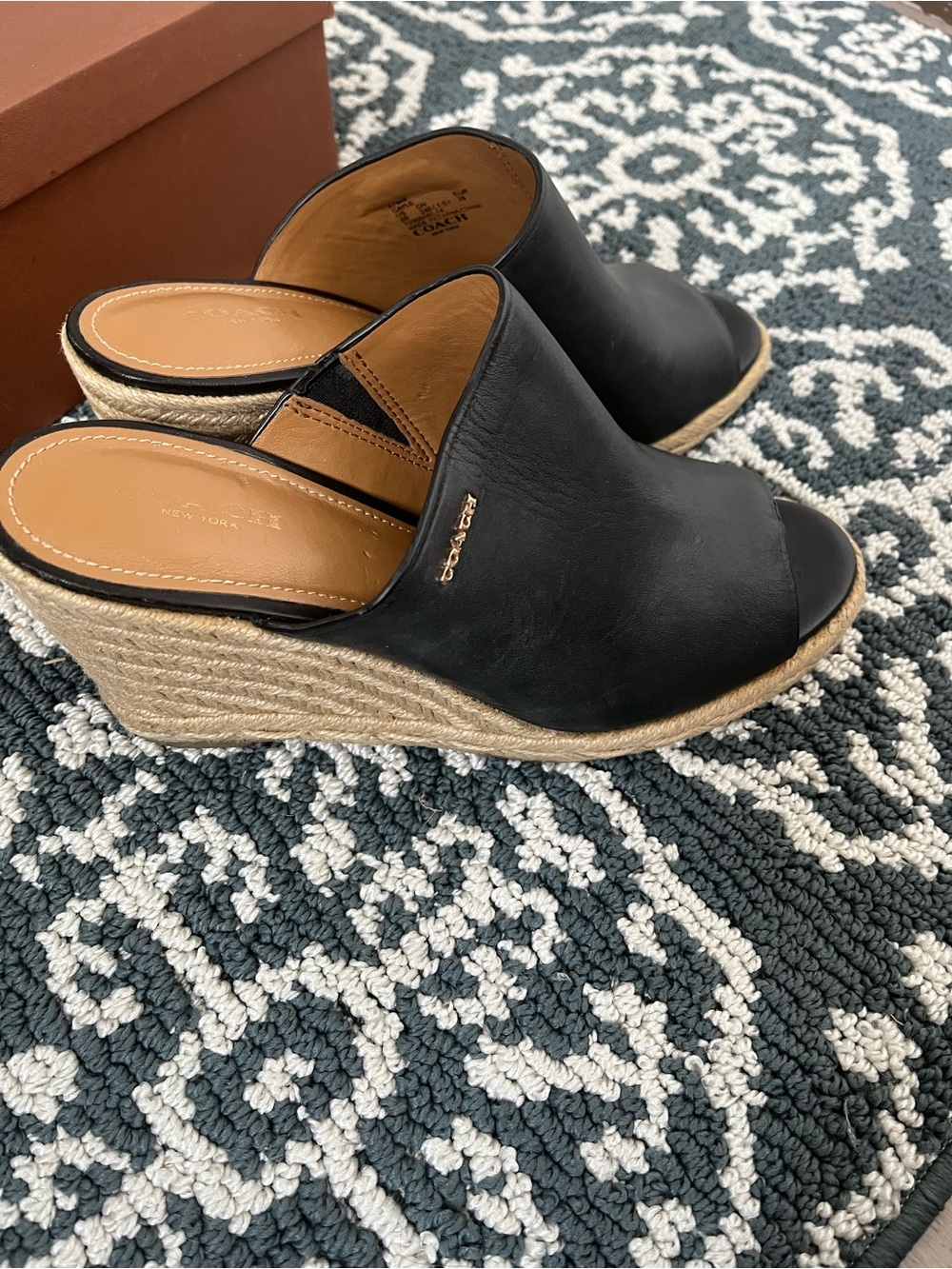 Coach Black Leather Open-Toe Espadrille Slides with Tan Insole - Picture 2 of 6